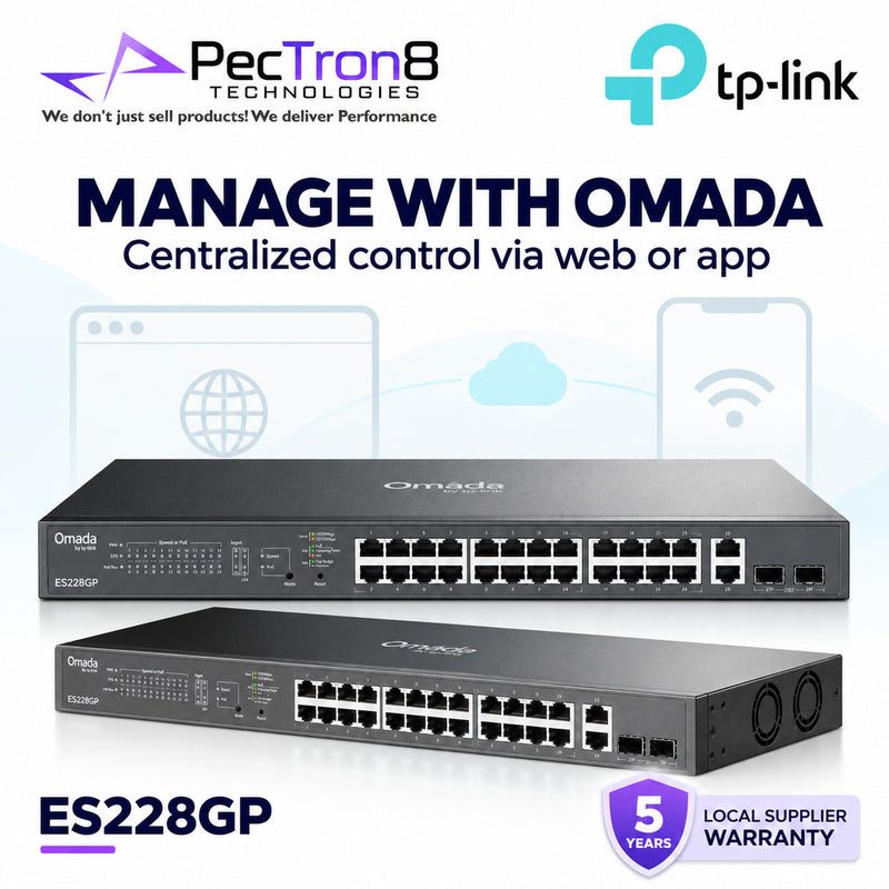 TP-Link Omada ES228GP 28-Port Gigabit Easy Managed Switch with 24-Port PoE+, 250W PoE Budget, 2× Gigabit RJ45 Uplink, 2× Gigabit SFP, Omada SDN