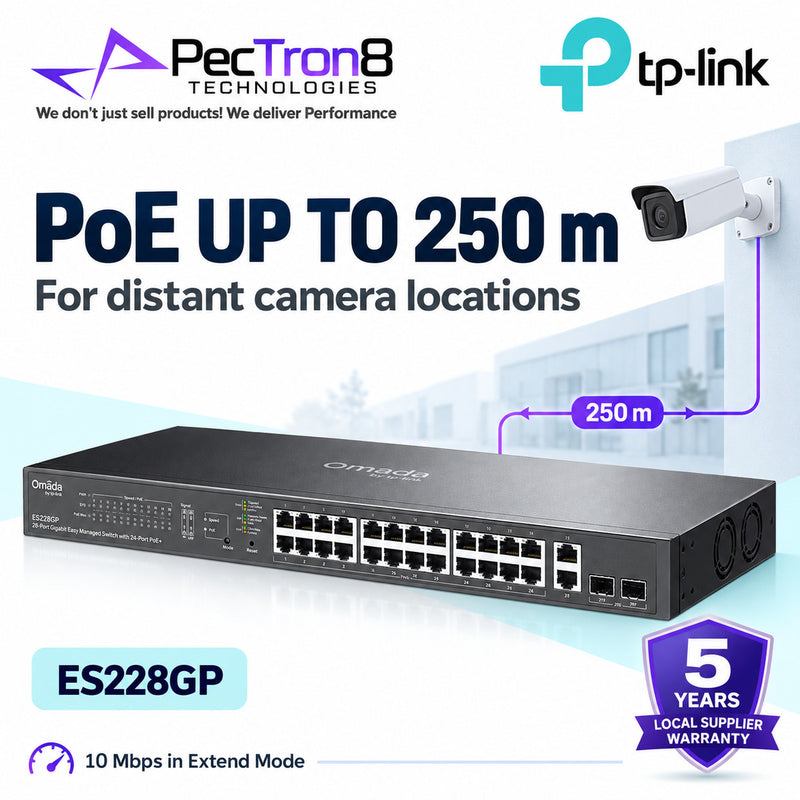 TP-Link Omada ES228GP 28-Port Gigabit Easy Managed Switch with 24-Port PoE+, 250W PoE Budget, 2× Gigabit RJ45 Uplink, 2× Gigabit SFP, Omada SDN