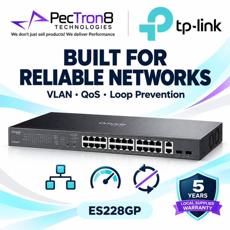 TP-Link Omada ES228GP 28-Port Gigabit Easy Managed Switch with 24-Port PoE+, 250W PoE Budget, 2× Gigabit RJ45 Uplink, 2× Gigabit SFP, Omada SDN