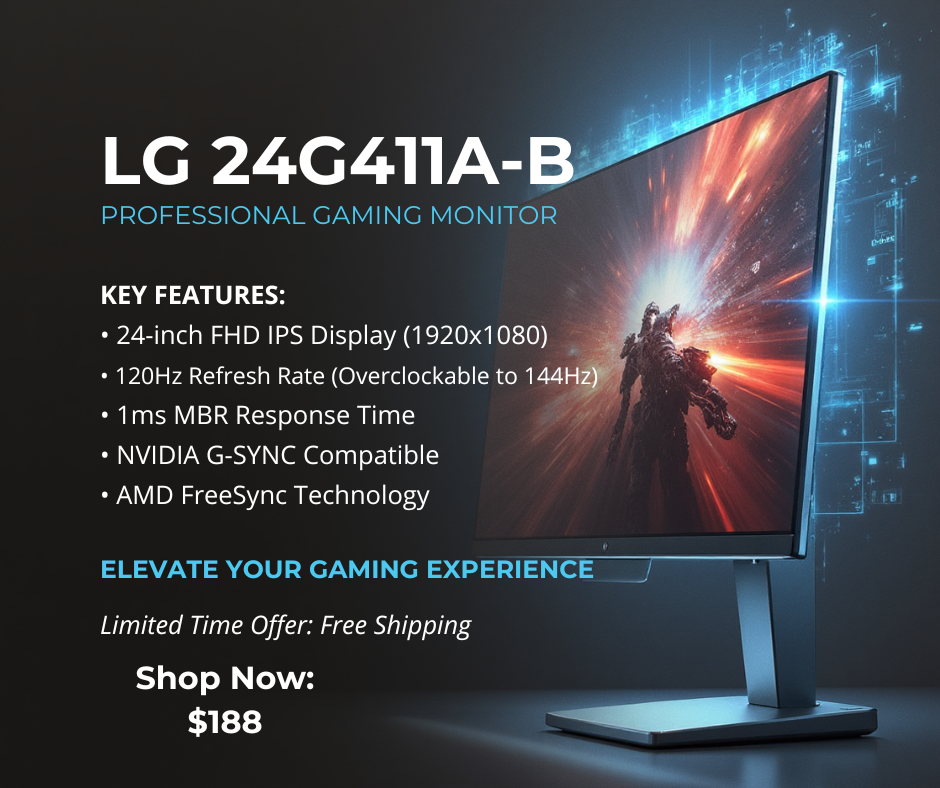 LG UltraGear™ G4 24-inch 144Hz Overclock FHD IPS Gaming Monitor | 24G411A with NVIDIA® G-SYNC® compatible, SRGB 99% (Typ.)