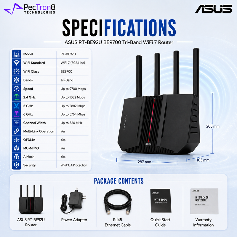 ASUS RT-BE92U BE9700 Tri-Band WiFi 7 Router 6GHz 320MHz MLO Multi-Gig Ethernet AiMesh Extendable Wireless Router