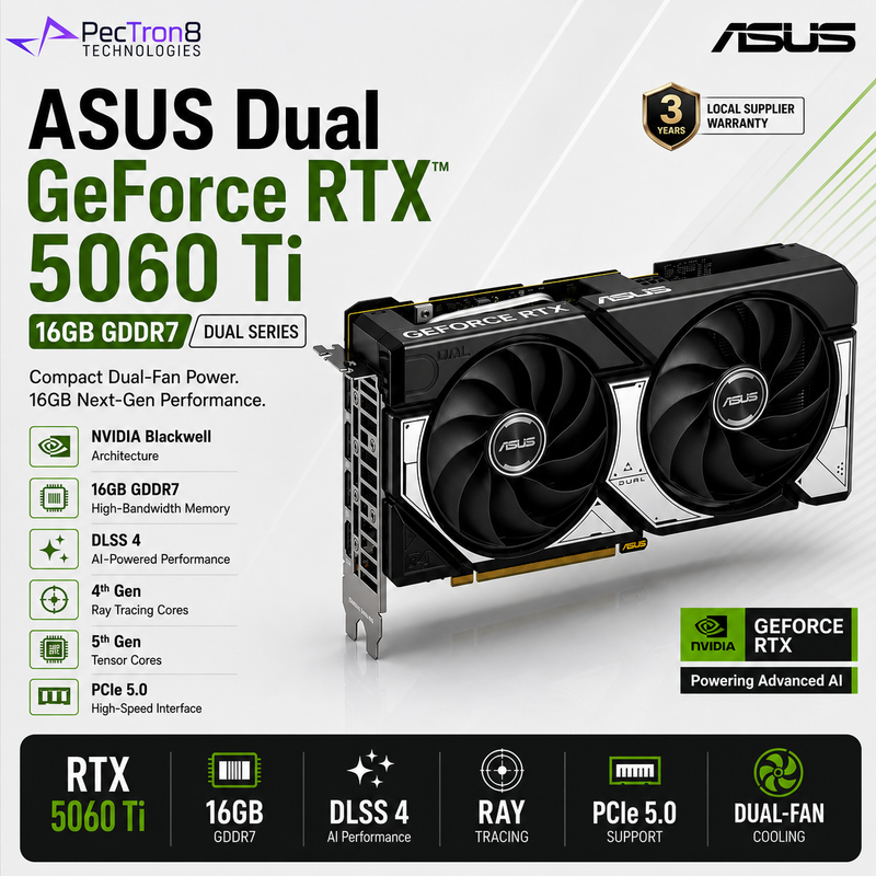 ASUS Dual GeForce RTX 5060 Ti 16GB GDDR7 Graphics Card | NVIDIA Blackwell | DLSS 4 | PCIe 5.0 | DP 2.1b