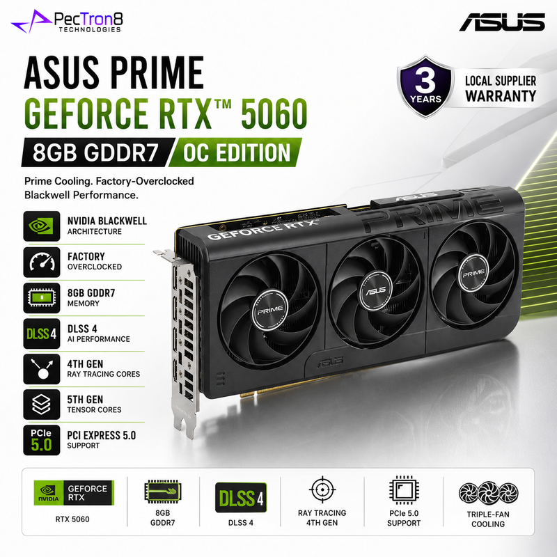 ASUS PRIME GeForce RTX 5060 8GB GDDR7 OC Edition Graphics Card | NVIDIA Blackwell | DLSS 4 | PCIe 5.0