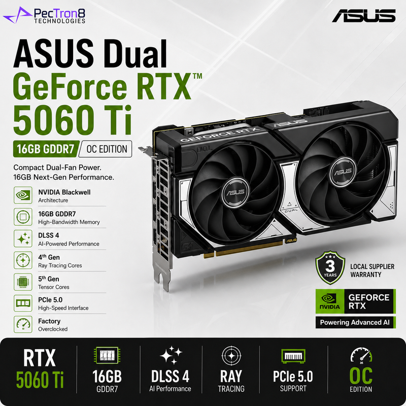 ASUS Dual GeForce RTX 5060 Ti 16GB GDDR7 OC Edition Graphics Card | Blackwell | DLSS 4 | PCIe 5.0 | DP 2.1b