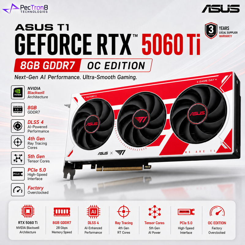 ASUS T1 GeForce RTX 5060 Ti 8GB GDDR7 OC Edition Graphics Card PCIe 5.0 DLSS 4 Ray Tracing HDMI 2.1 DisplayPort 2.1