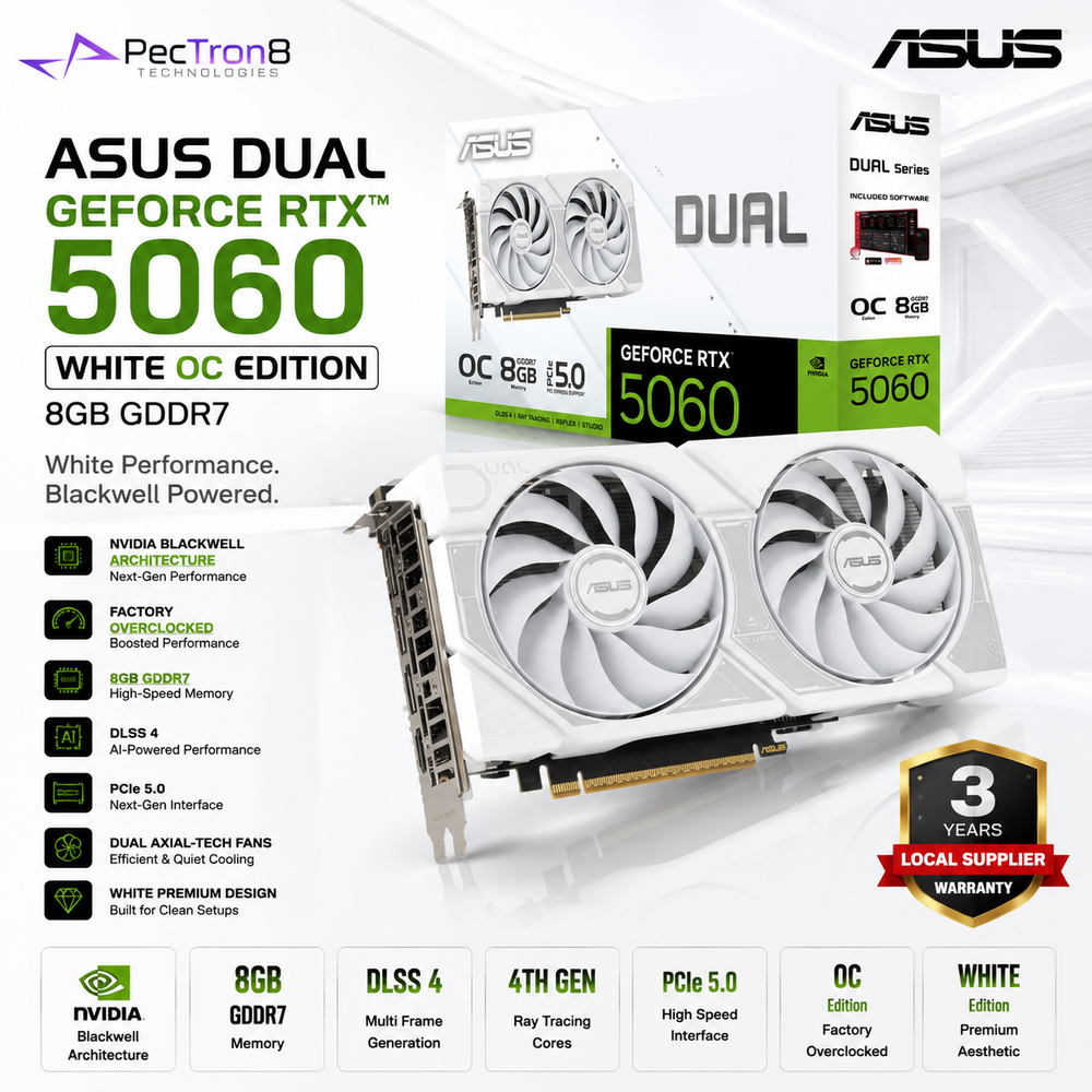 ASUS Dual GeForce RTX™ 5060 White OC Edition 8GB GDDR7 Graphics Card | NVIDIA Blackwell | DLSS 4 | PCIe 5.0