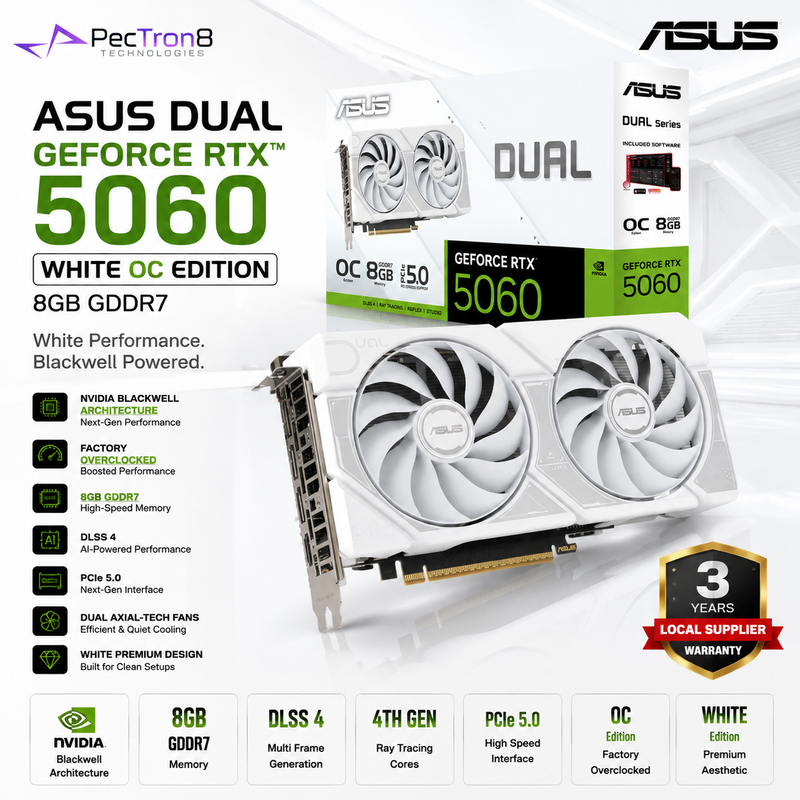 ASUS Dual GeForce RTX™ 5060 White OC Edition 8GB GDDR7 Graphics Card | NVIDIA Blackwell | DLSS 4 | PCIe 5.0