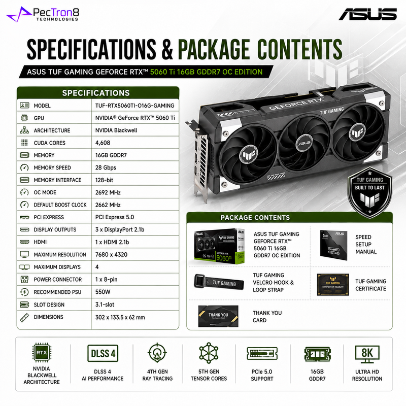 ASUS TUF Gaming GeForce RTX 5060 Ti 16GB GDDR7 OC Edition Graphics Card | NVIDIA Blackwell | DLSS 4 | PCIe 5.0 | Aura Sync