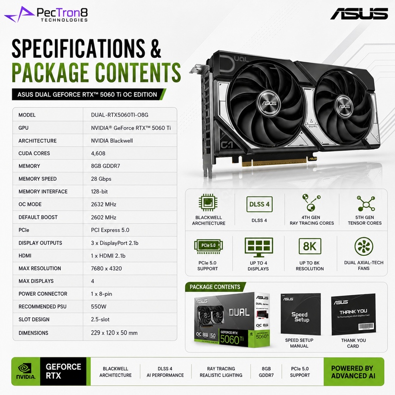 ASUS Dual GeForce RTX 5060 Ti 8GB GDDR7 OC Edition Graphics Card | NVIDIA Blackwell | DLSS 4 | PCIe 5.0