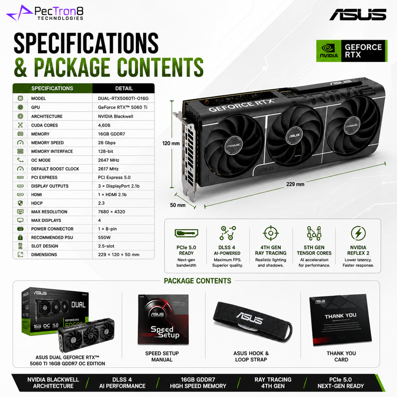 ASUS Dual GeForce RTX 5060 Ti 16GB GDDR7 OC Edition Graphics Card | NVIDIA Blackwell | DLSS 4 | PCIe 5.0