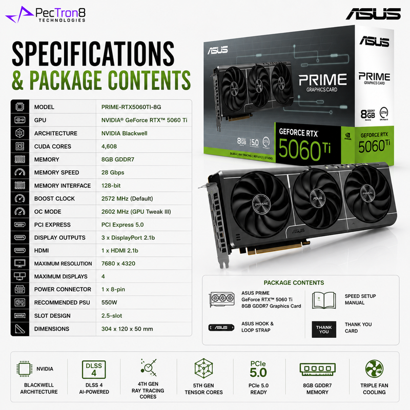 ASUS PRIME GeForce RTX 5060 Ti 8GB GDDR7 Graphics Card | NVIDIA Blackwell | DLSS 4 | PCIe 5.0