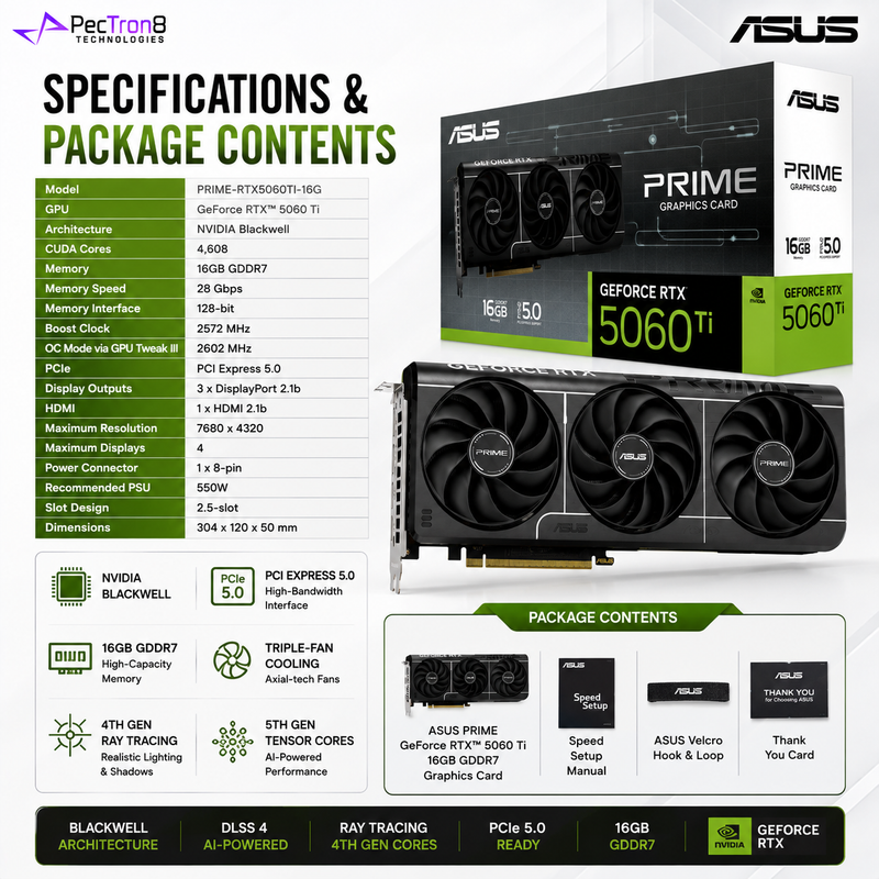 ASUS PRIME GeForce RTX 5060 Ti 16GB GDDR7 Graphics Card | NVIDIA Blackwell | DLSS 4 | PCIe 5.0