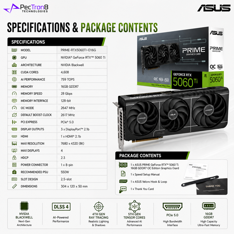 ASUS PRIME GeForce RTX 5060 Ti 16GB GDDR7 OC Edition Graphics Card | NVIDIA Blackwell | DLSS 4 | PCIe 5.0