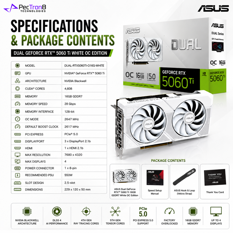 ASUS Dual GeForce RTX™ 5060 Ti 16GB GDDR7 White OC Edition Graphics Card | NVIDIA Blackwell | DLSS 4 | PCIe 5.0