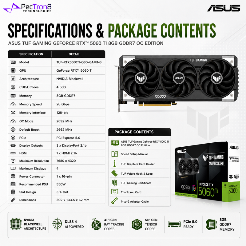 ASUS TUF Gaming GeForce RTX 5060 Ti 8GB GDDR7 OC Edition Graphics Card | NVIDIA Blackwell | DLSS 4 | PCIe 5.0