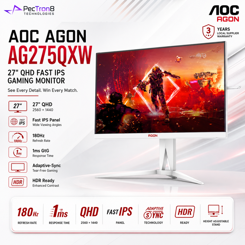 AOC AGON AG275QXW 27" QHD Fast IPS 180Hz 1ms Adaptive-Sync White Gaming Monitor Height Adjustable DisplayPort HDMI