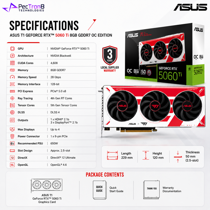 ASUS T1 GeForce RTX 5060 Ti 8GB GDDR7 OC Edition Graphics Card PCIe 5.0 DLSS 4 Ray Tracing HDMI 2.1 DisplayPort 2.1