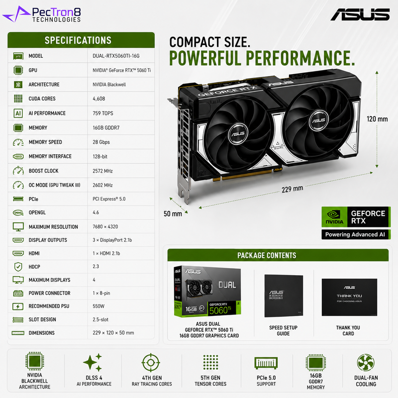 ASUS Dual GeForce RTX 5060 Ti 16GB GDDR7 Graphics Card | NVIDIA Blackwell | DLSS 4 | PCIe 5.0 | DP 2.1b