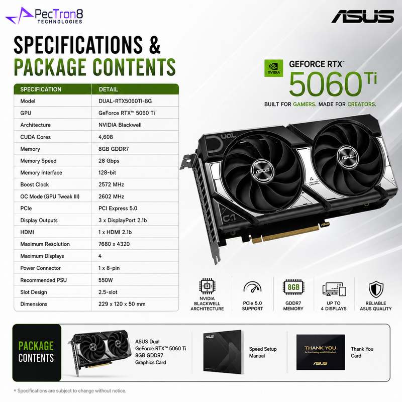 ASUS Dual GeForce RTX 5060 Ti 8GB GDDR7 Graphics Card | NVIDIA Blackwell | DLSS 4 | PCIe 5.0