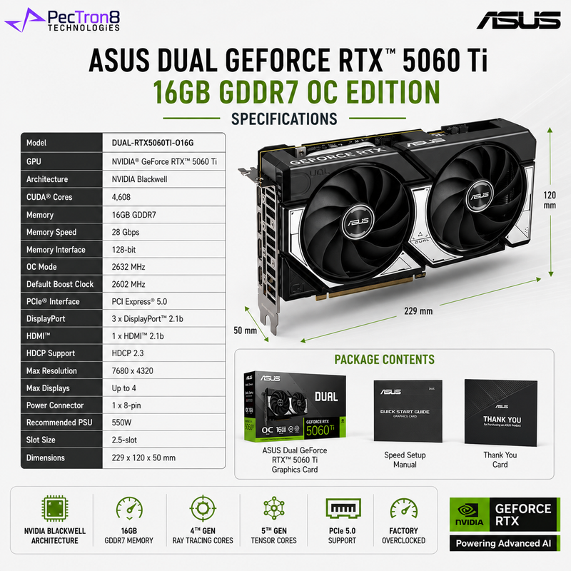 ASUS Dual GeForce RTX 5060 Ti 16GB GDDR7 OC Edition Graphics Card | Blackwell | DLSS 4 | PCIe 5.0 | DP 2.1b