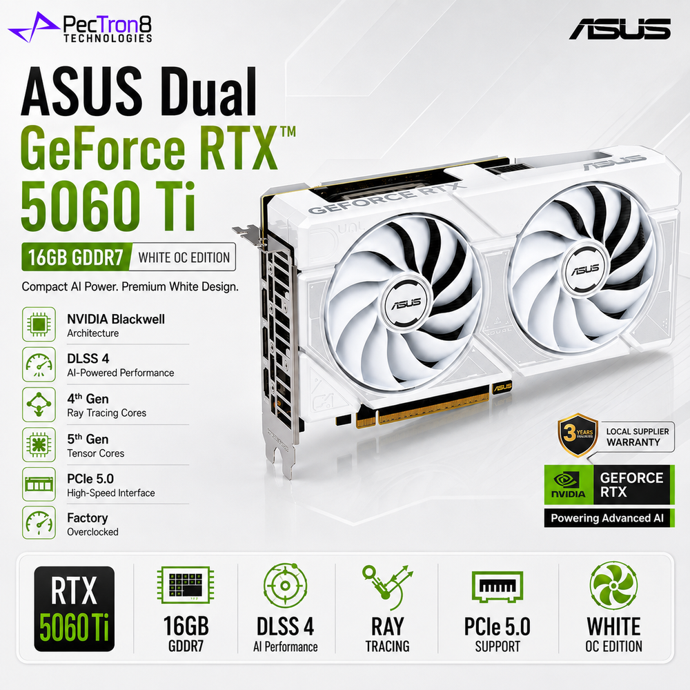 ASUS Dual GeForce RTX 5060 Ti 16GB GDDR7 White OC Edition Graphics Card | NVIDIA Blackwell | DLSS 4 | PCIe 5.0 | HDMI 2.1b | DisplayPort 2.1b