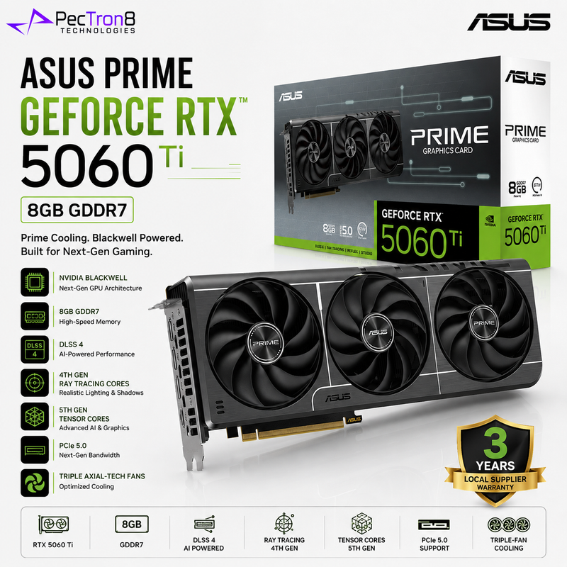 ASUS PRIME GeForce RTX 5060 Ti 8GB GDDR7 Graphics Card | NVIDIA Blackwell | DLSS 4 | PCIe 5.0