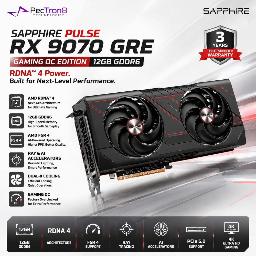 SAPPHIRE PULSE RX 9070 GRE Gaming OC 12GB GDDR6 Graphics Card | AMD RDNA 4 | FSR 4 | Ray Tracing | PCIe 5.0