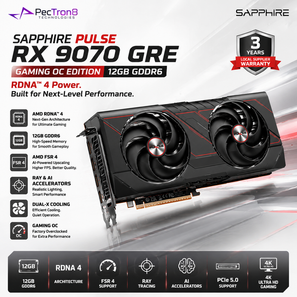 SAPPHIRE PULSE RX 9070 GRE Gaming OC 12GB GDDR6 Graphics Card | AMD RDNA 4 | FSR 4 | Ray Tracing | PCIe 5.0