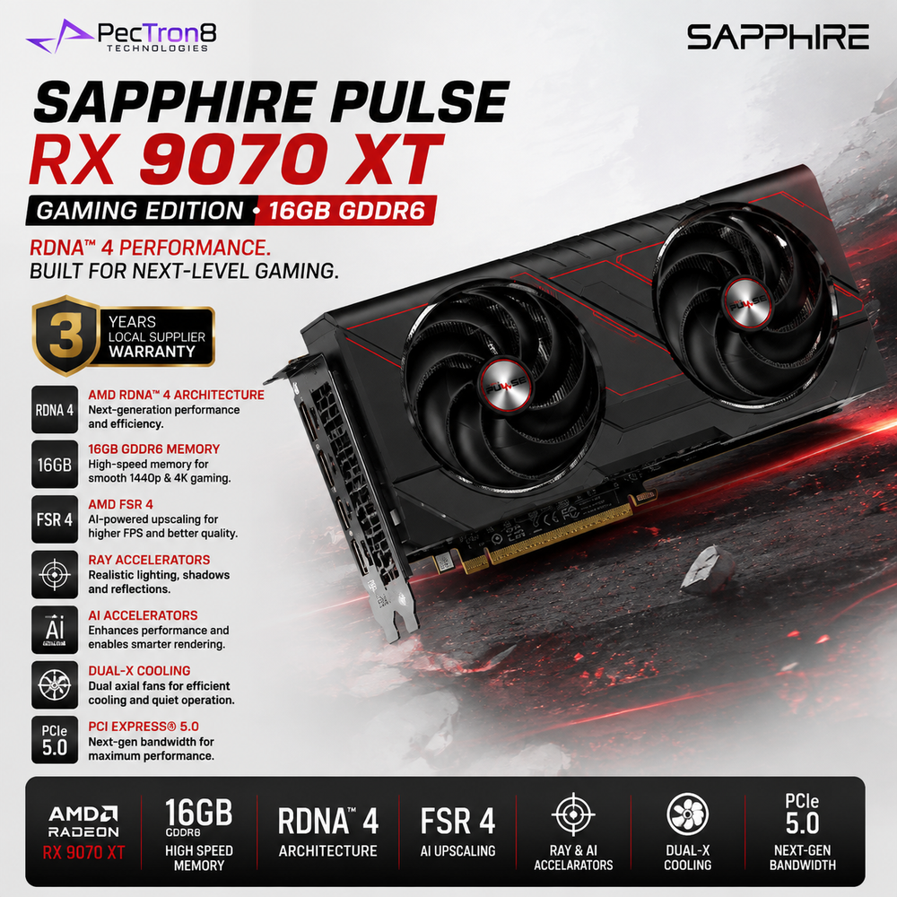 SAPPHIRE PULSE RX 9070 XT Gaming 16GB GDDR6 Graphics Card | AMD RDNA 4 | FSR 4 | Ray Tracing | PCIe 5.0