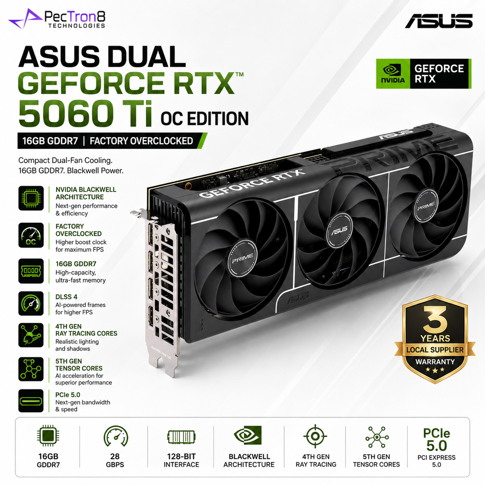ASUS Dual GeForce RTX 5060 Ti 16GB GDDR7 OC Edition Graphics Card | NVIDIA Blackwell | DLSS 4 | PCIe 5.0