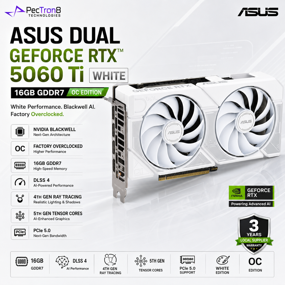 ASUS Dual GeForce RTX™ 5060 Ti 16GB GDDR7 White OC Edition Graphics Card | NVIDIA Blackwell | DLSS 4 | PCIe 5.0
