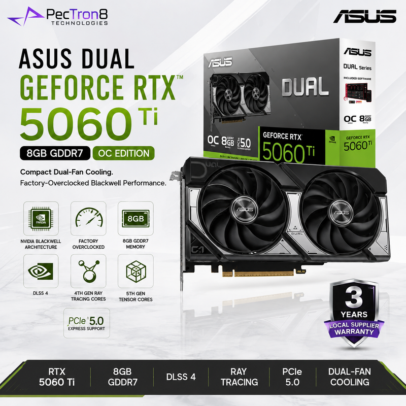 ASUS Dual GeForce RTX 5060 Ti 8GB GDDR7 OC Edition Graphics Card | NVIDIA Blackwell | DLSS 4 | PCIe 5.0
