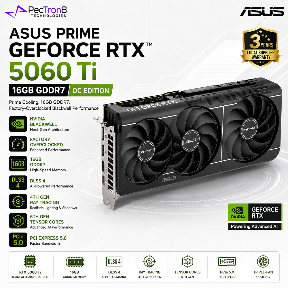 ASUS PRIME GeForce RTX 5060 Ti 16GB GDDR7 OC Edition Graphics Card | NVIDIA Blackwell | DLSS 4 | PCIe 5.0