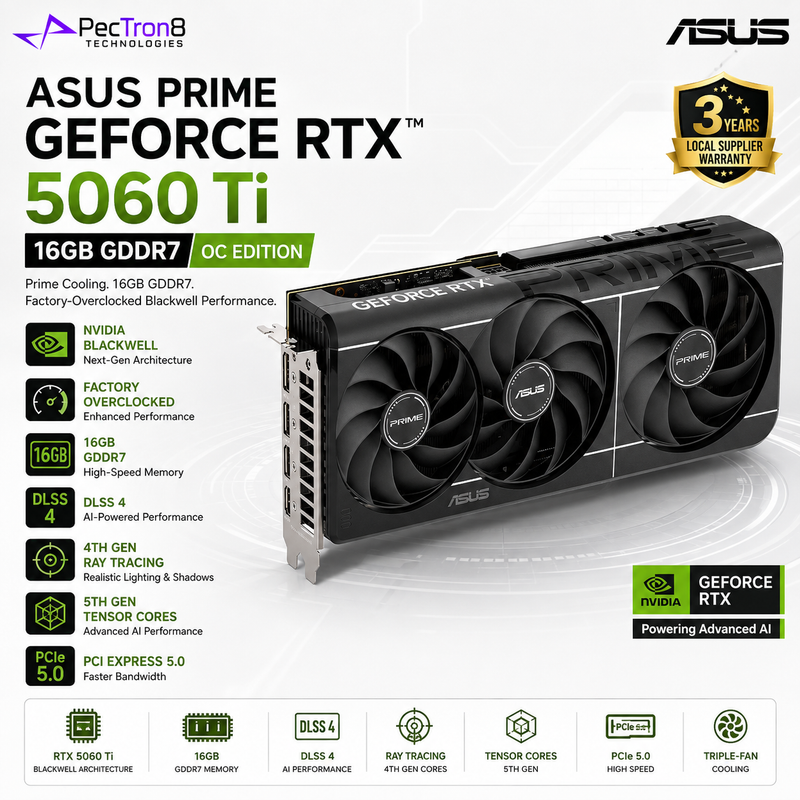 ASUS PRIME GeForce RTX 5060 Ti 16GB GDDR7 OC Edition Graphics Card | NVIDIA Blackwell | DLSS 4 | PCIe 5.0