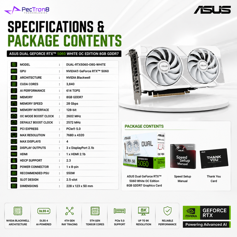 ASUS Dual GeForce RTX™ 5060 White OC Edition 8GB GDDR7 Graphics Card | NVIDIA Blackwell | DLSS 4 | PCIe 5.0