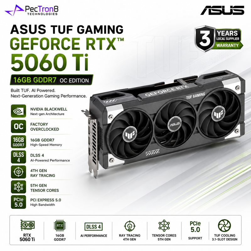 ASUS TUF Gaming GeForce RTX 5060 Ti 16GB GDDR7 OC Edition Graphics Card | NVIDIA Blackwell | DLSS 4 | PCIe 5.0 | Aura Sync