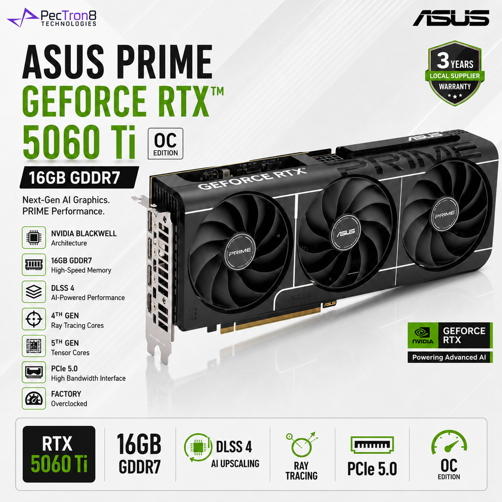 ASUS PRIME GeForce RTX 5060 Ti 16GB GDDR7 OC Edition Graphics Card | PCIe 5.0 | DLSS 4 | HDMI 2.1b | DisplayPort 2.1b