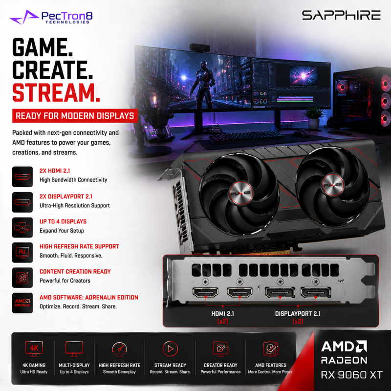 SAPPHIRE PULSE AMD Radeon RX 9060 XT Gaming OC 16GB GDDR6 Graphics Card | RDNA 4 | FSR 4 | Ray Tracing