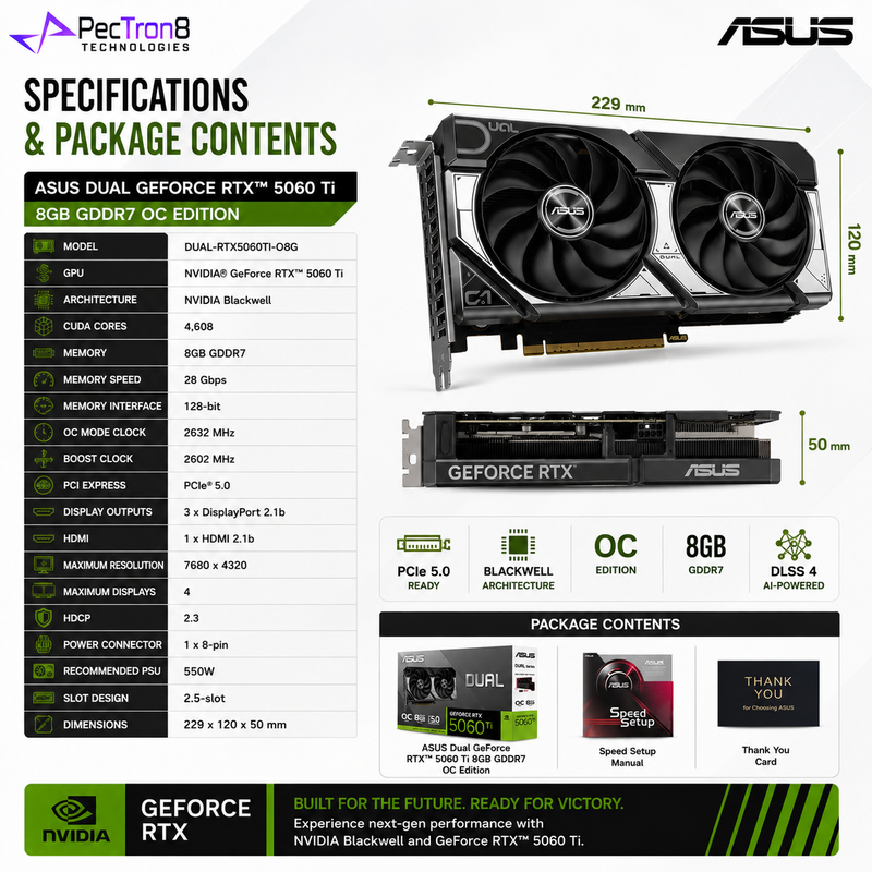ASUS Dual GeForce RTX 5060 Ti 8GB GDDR7 OC Edition Graphics Card | Blackwell | DLSS 4 | PCIe 5.0