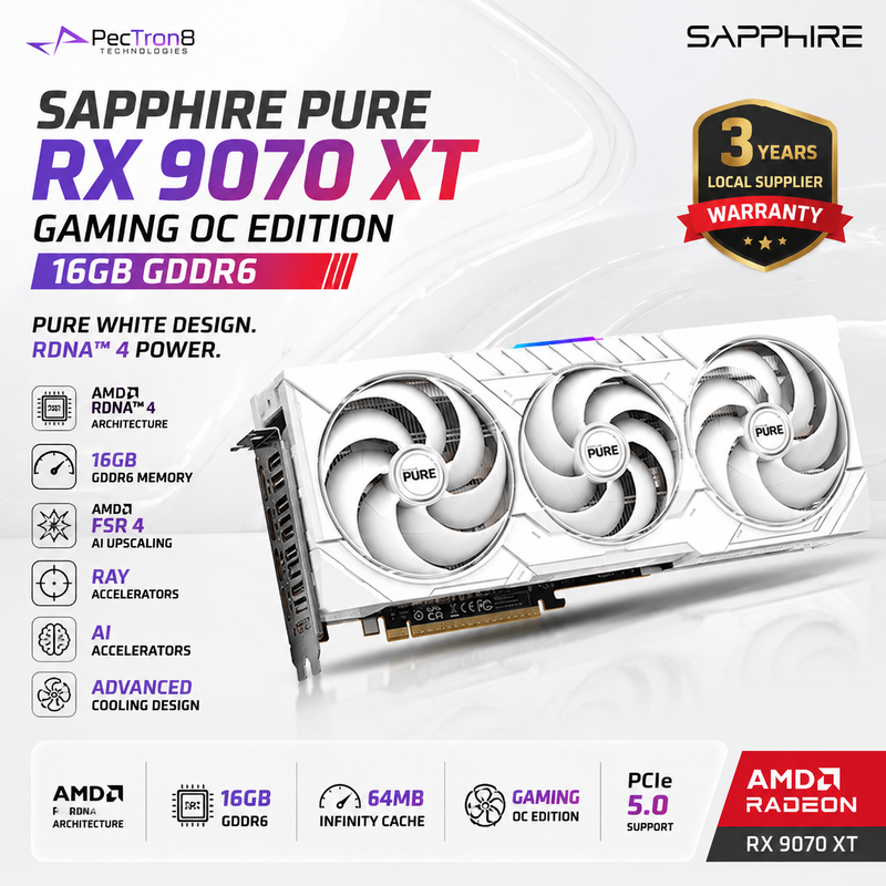 SAPPHIRE PURE RX 9070 XT Gaming OC 16GB GDDR6 Graphics Card | AMD RDNA 4 | FSR 4 | Ray Tracing | White Edition