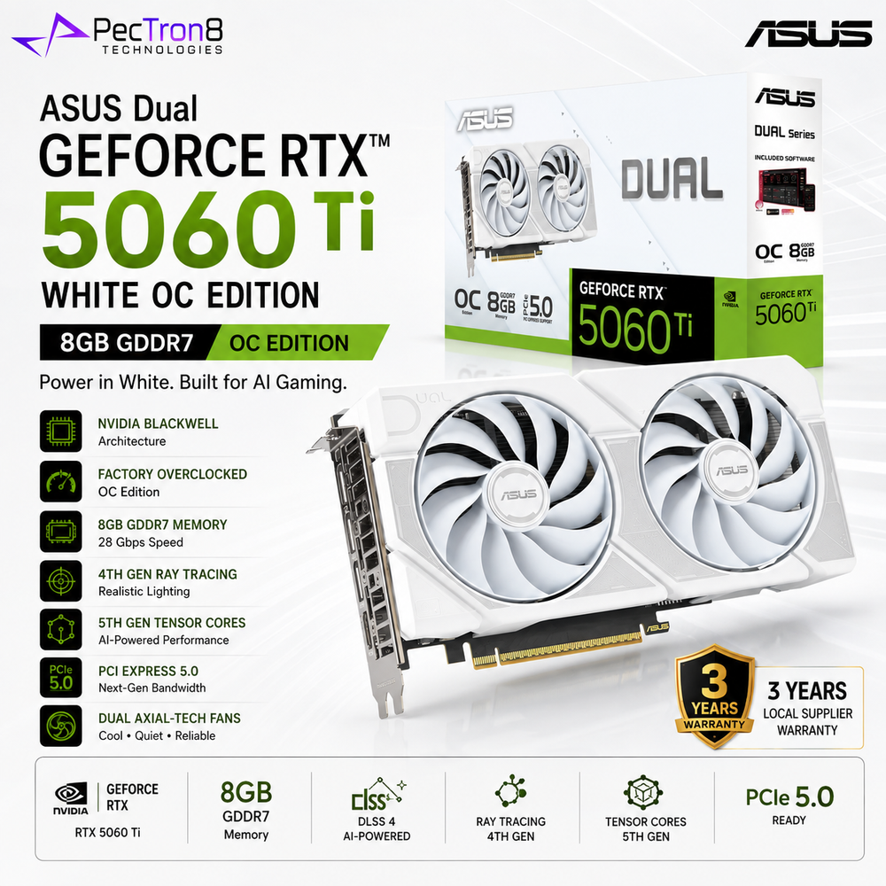 ASUS Dual GeForce RTX™ 5060 Ti 8GB GDDR7 White OC Edition Graphics Card | NVIDIA Blackwell | DLSS 4 | PCIe 5.0