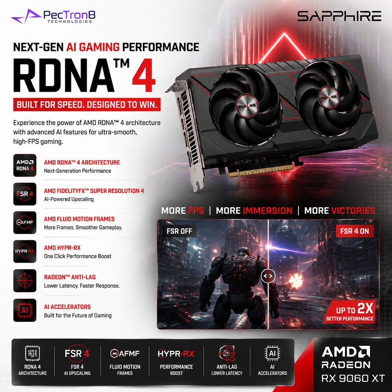 SAPPHIRE PULSE AMD Radeon RX 9060 XT Gaming OC 16GB GDDR6 Graphics Card | RDNA 4 | FSR 4 | Ray Tracing
