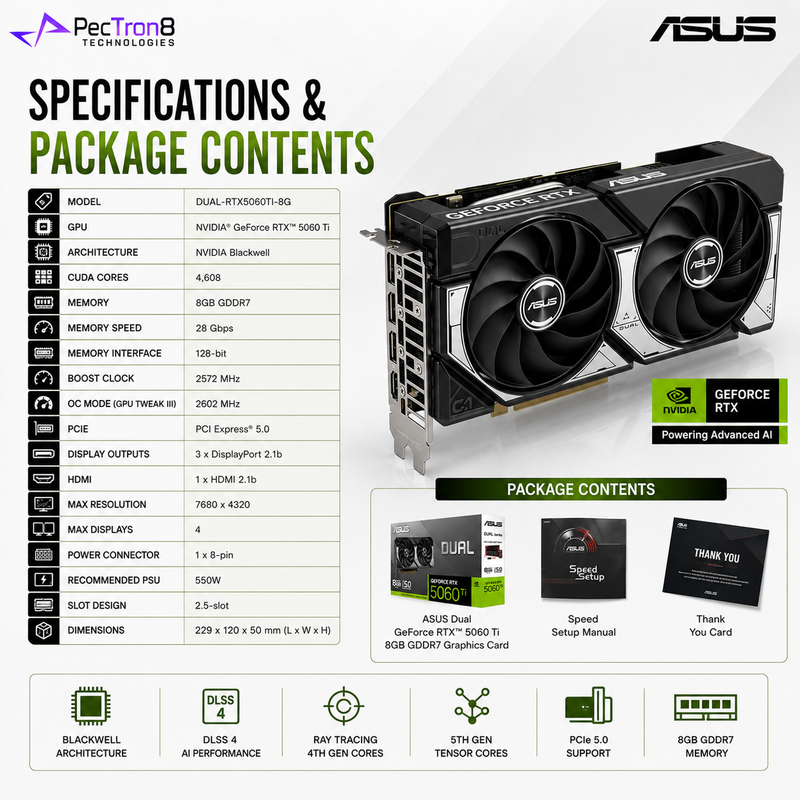 ASUS Dual GeForce RTX 5060 Ti 8GB GDDR7 Graphics Card | NVIDIA Blackwell | DLSS 4 | PCIe 5.0
