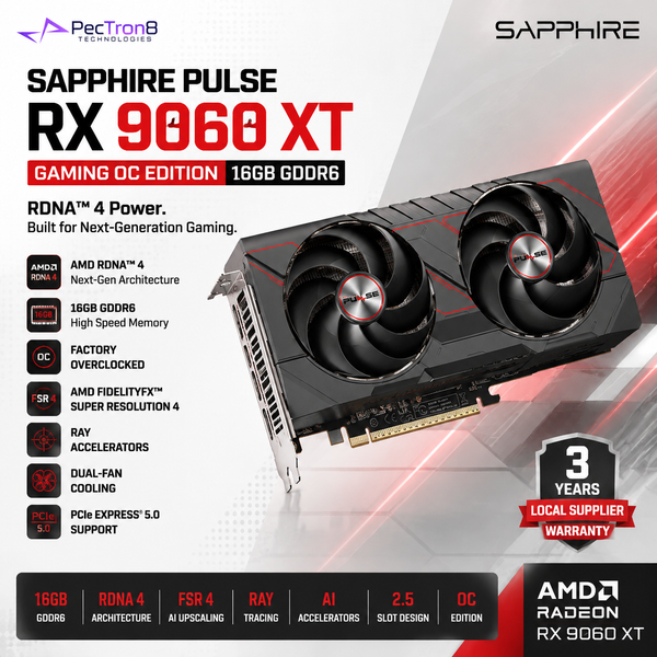 SAPPHIRE PULSE AMD Radeon RX 9060 XT Gaming OC 16GB GDDR6 Graphics Card | RDNA 4 | FSR 4 | Ray Tracing