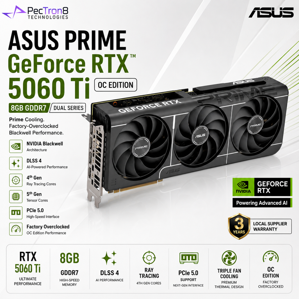 ASUS PRIME GeForce RTX 5060 Ti 8GB GDDR7 OC Edition Graphics Card | NVIDIA Blackwell | DLSS 4 | PCIe 5.0