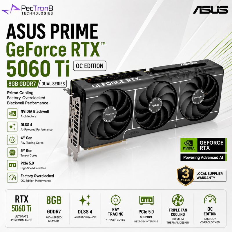 ASUS PRIME GeForce RTX 5060 Ti 8GB GDDR7 OC Edition Graphics Card | NVIDIA Blackwell | DLSS 4 | PCIe 5.0