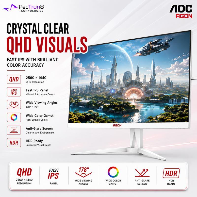 AOC AGON AG275QXW 27" QHD Fast IPS 180Hz 1ms Adaptive-Sync White Gaming Monitor Height Adjustable DisplayPort HDMI