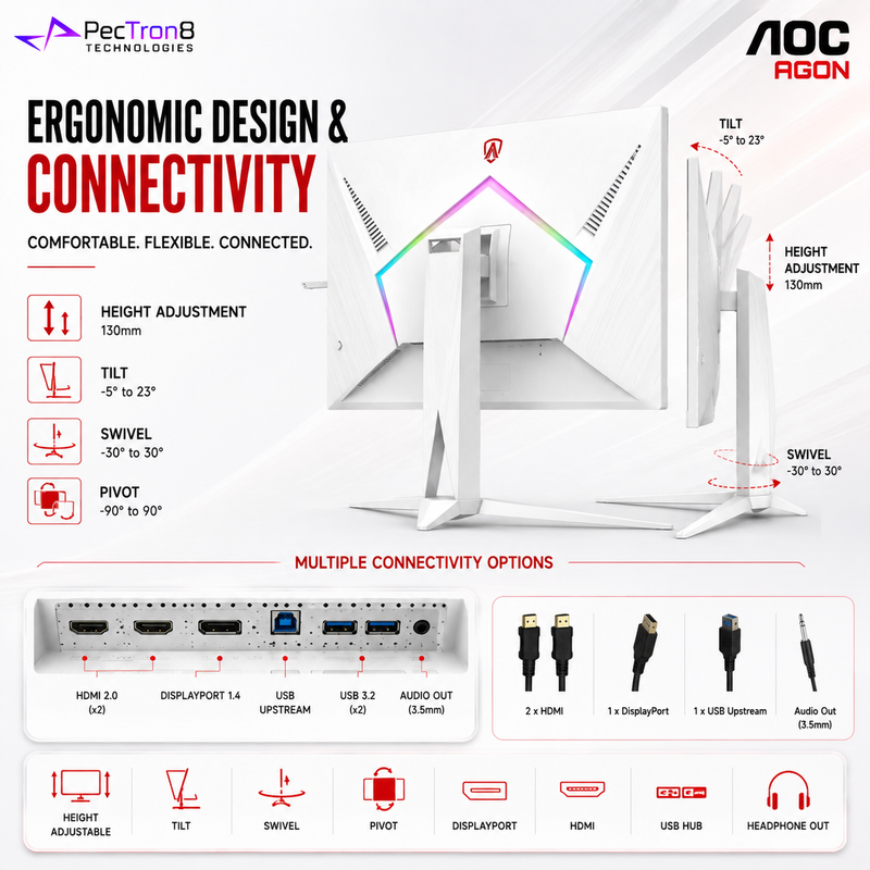 AOC AGON AG275QXW 27" QHD Fast IPS 180Hz 1ms Adaptive-Sync White Gaming Monitor Height Adjustable DisplayPort HDMI