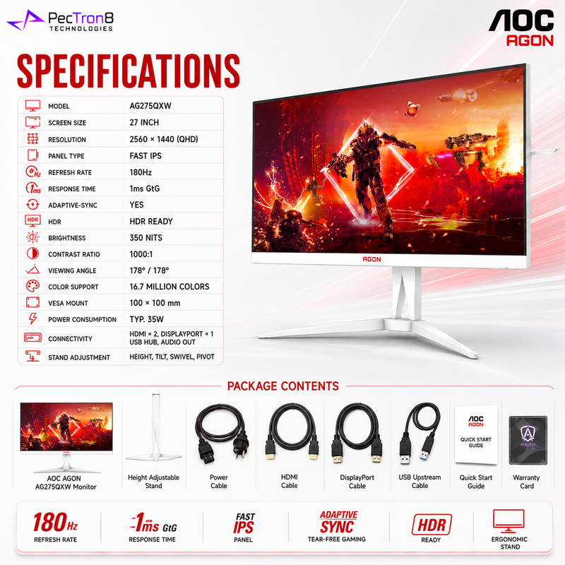AOC AGON AG275QXW 27" QHD Fast IPS 180Hz 1ms Adaptive-Sync White Gaming Monitor Height Adjustable DisplayPort HDMI