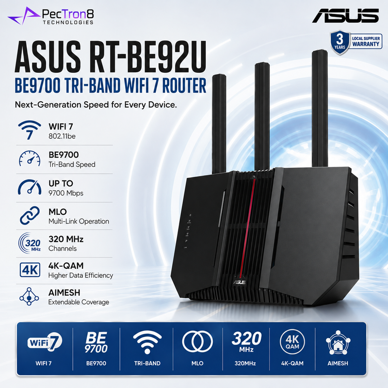 ASUS RT-BE92U BE9700 Tri-Band WiFi 7 Router 6GHz 320MHz MLO Multi-Gig Ethernet AiMesh Extendable Wireless Router